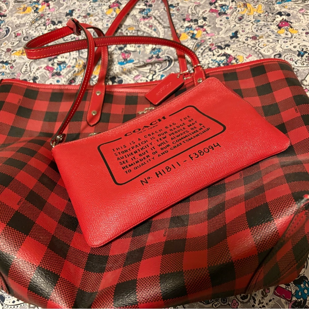 Coach Red and Black Plaid Tote - Picture 3 of 5